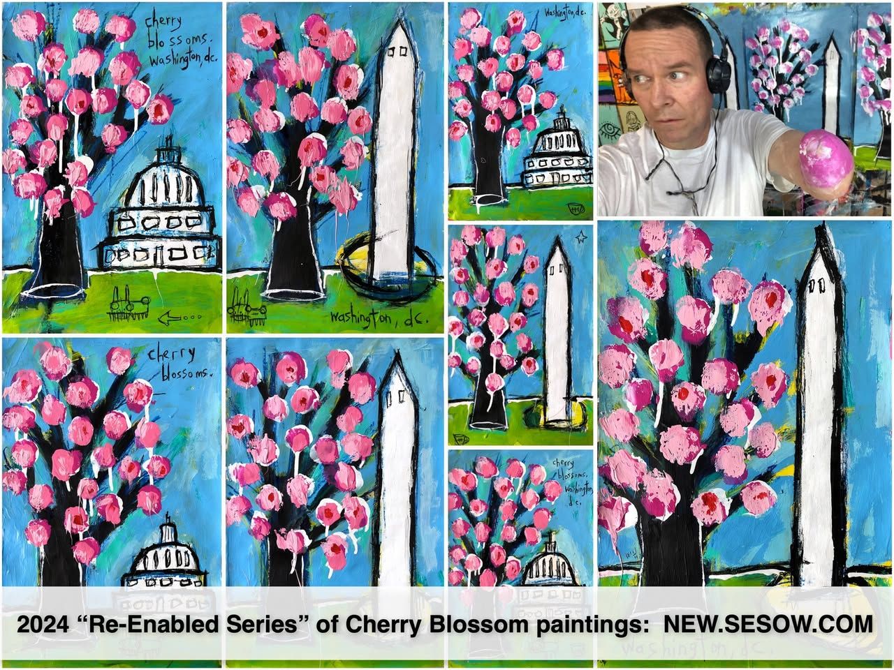 “Re-enabled” series — National Cherry Blossom Festival paintings made with his right hand and left arm, 2024: photograph 1 (Posted by Matt Sesow on Facebook, March 7, 2024)