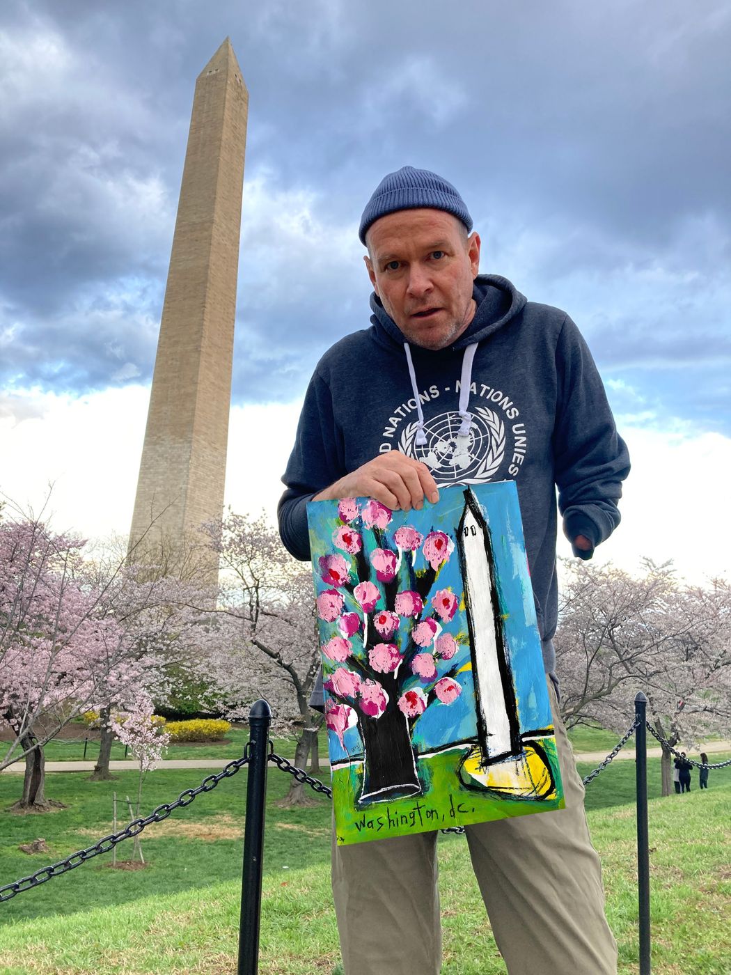 “Re-enabled” series — National Cherry Blossom Festival paintings made with his right hand and left arm, 2024: photograph 8 (Posted by Matt Sesow on Facebook, March 18, 2024)