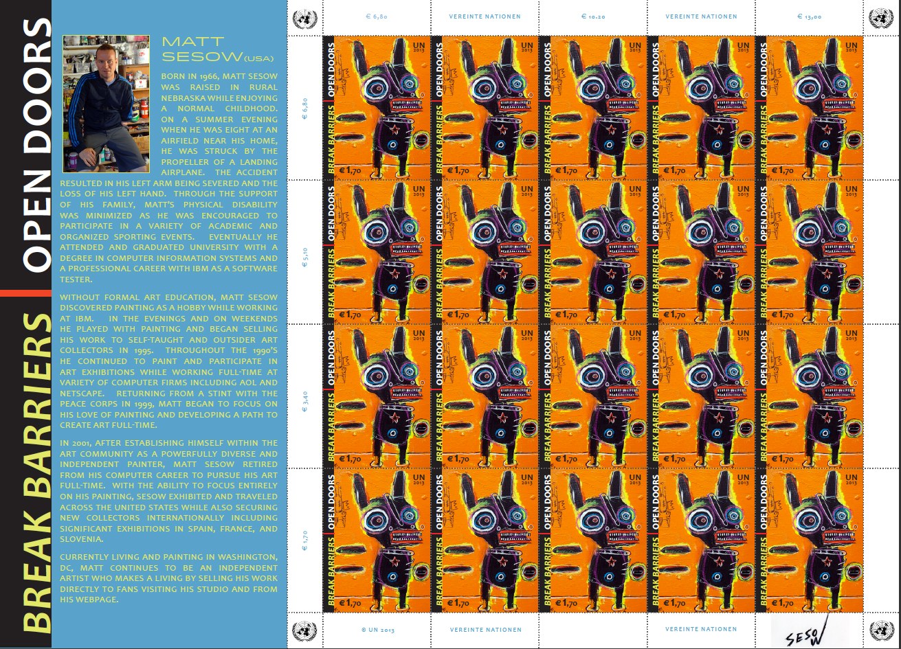 United Nations stamp sheet "Break Barriers, Open Doors" with Matt Sesow's painting Dive Bomb, 2013