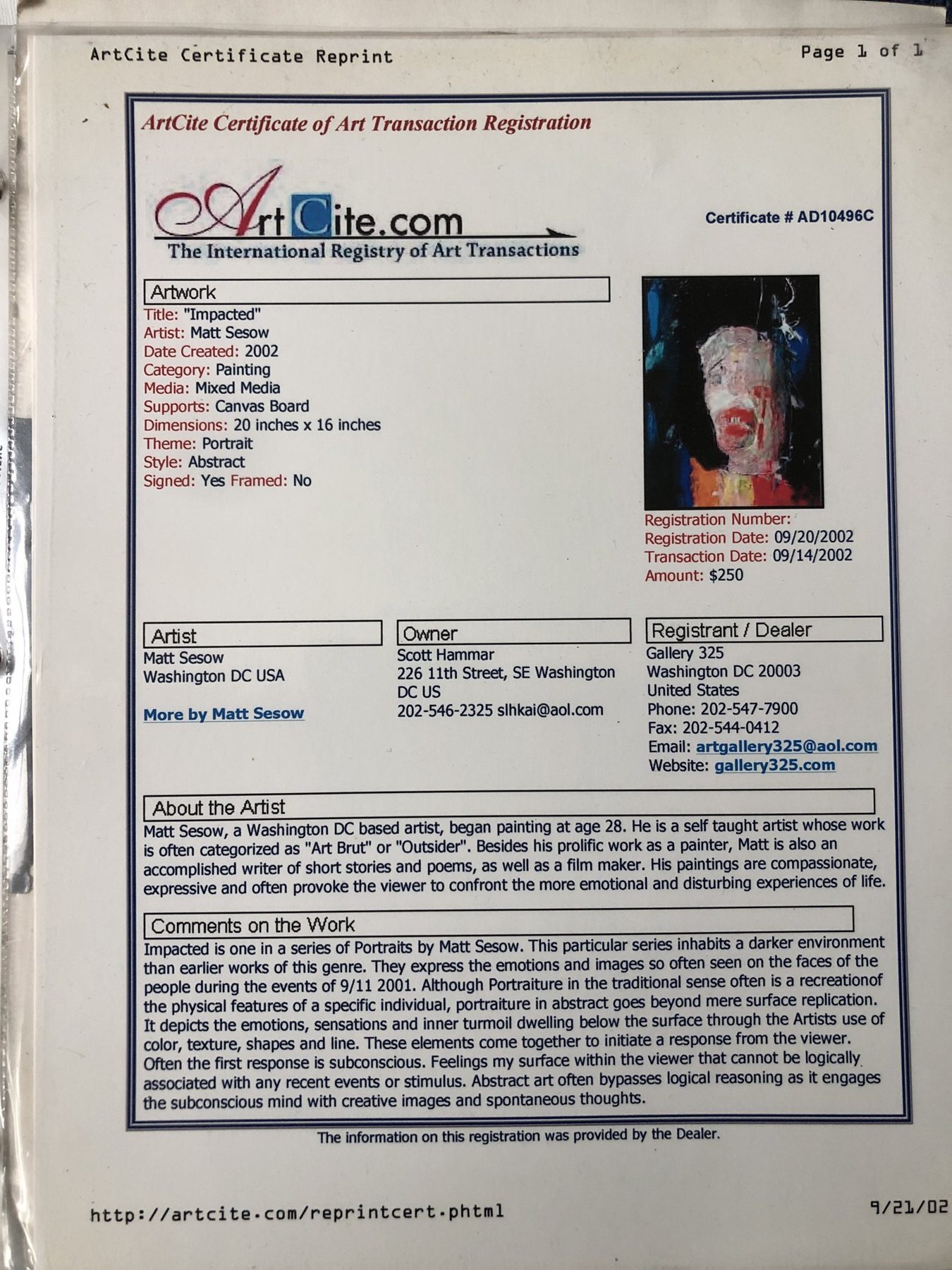 ArtCite Certificate of Art Transaction Registration — "Impacted", page 1
