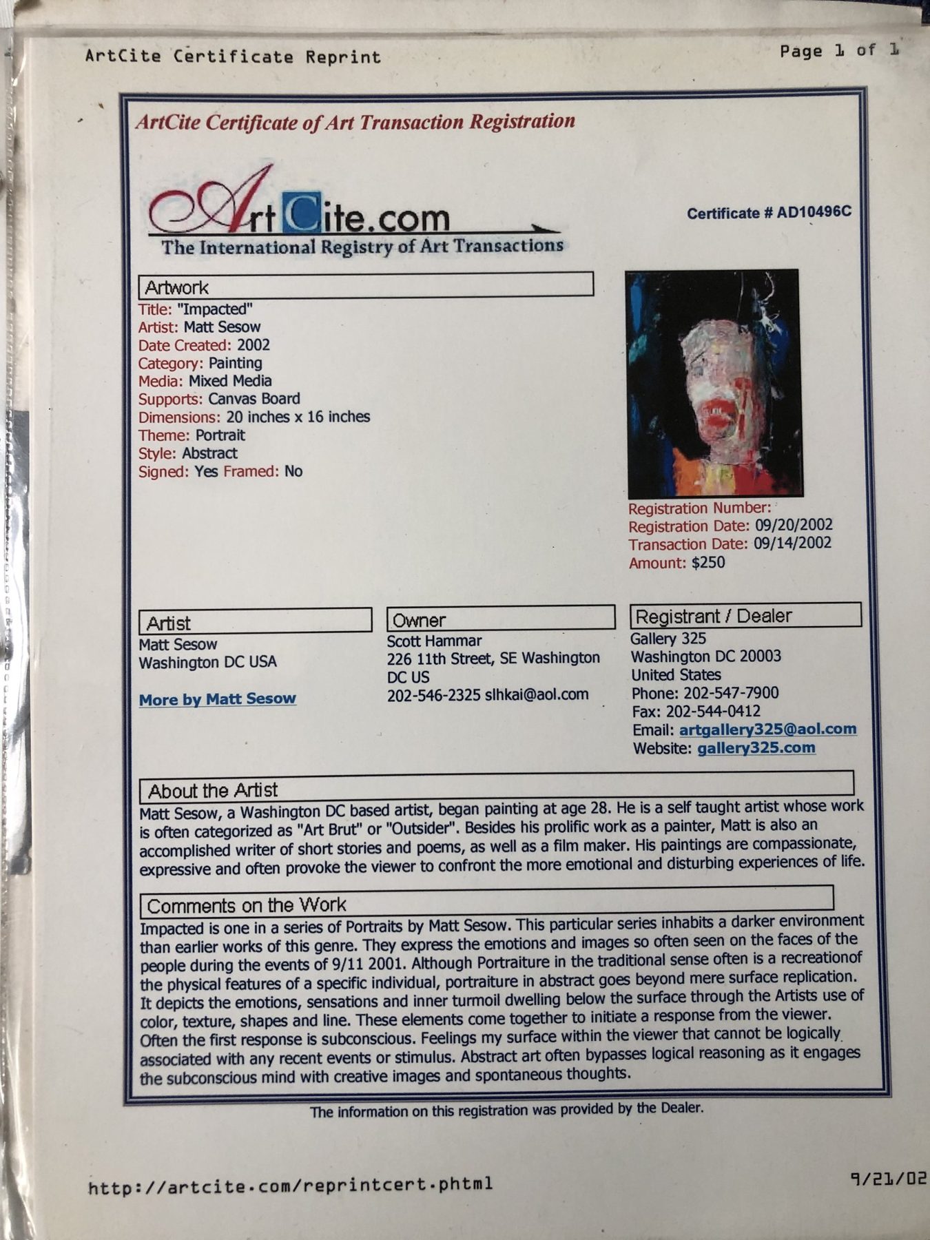 ArtCite Certificate of Art Transaction Registration — "Impacted", page 2