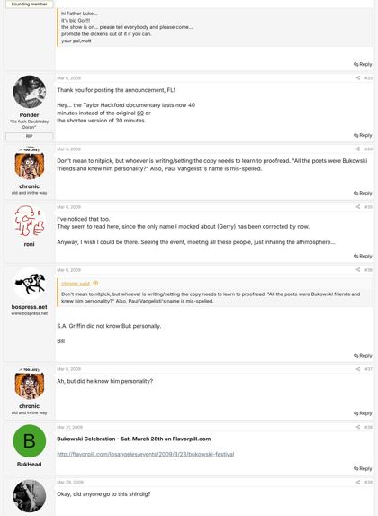 “Bukowski Celebration - Sat. March 28th” — including Matt Sesow’s email about the show: Page 7