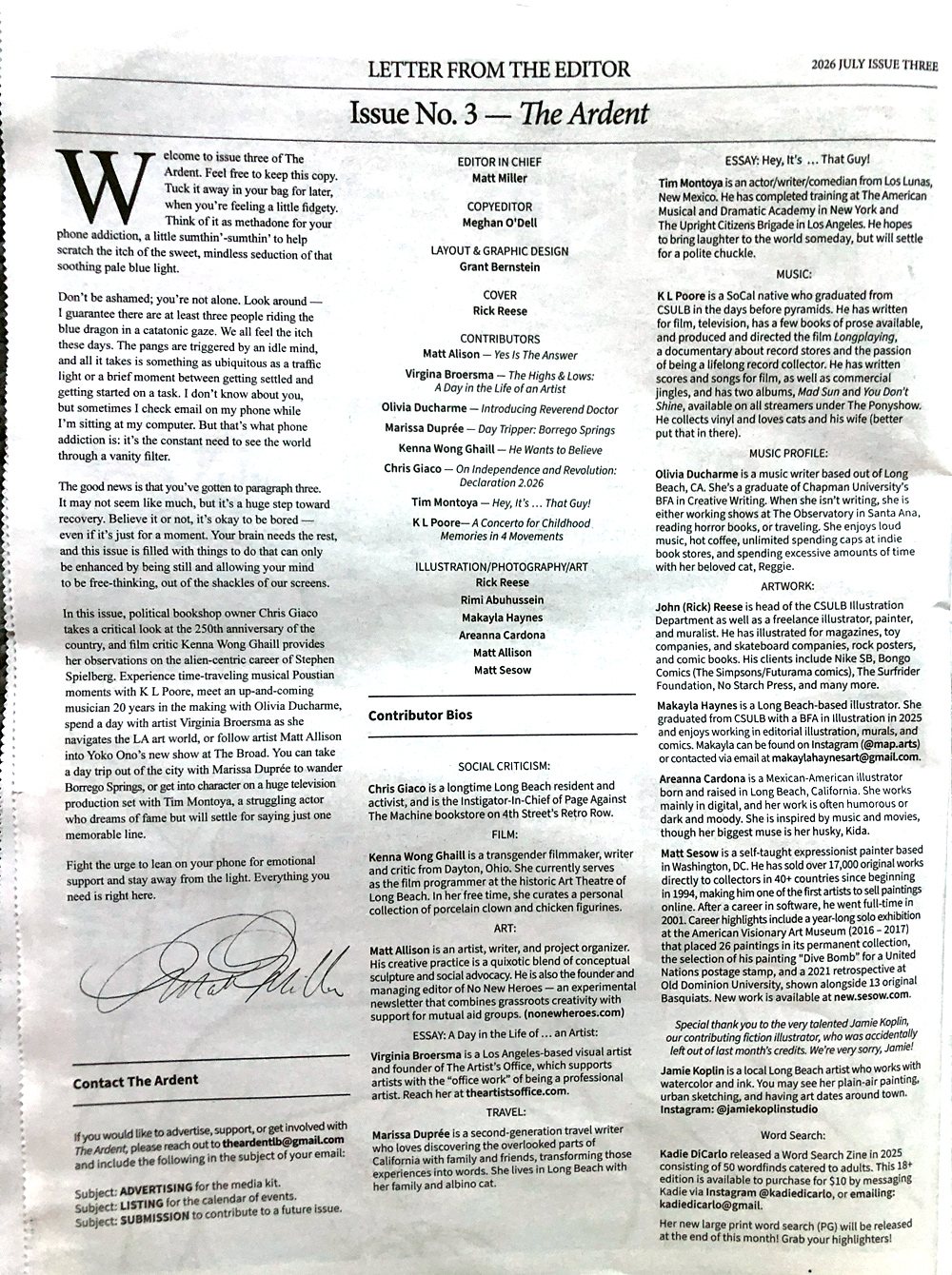 The Ardent, July 2026 (Issue Three): cover, Criticism spread, Letter from the Editor, page 4