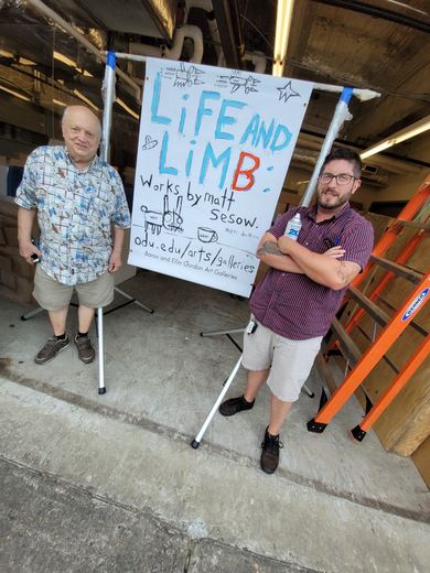 Hand-lettered banner: "Life and Limb, works by Matt Sesow, odu.edu/arts/galleries."