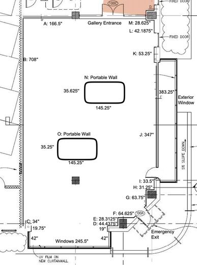 The gallery floor plan with wall measurements, used to plan the hang.
