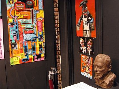 1st Annual Bukowski Festival, Elephant Theater, Hollywood, March 28, 2009 — Linda King's original clay Bukowski bust beside Sesow's paintings