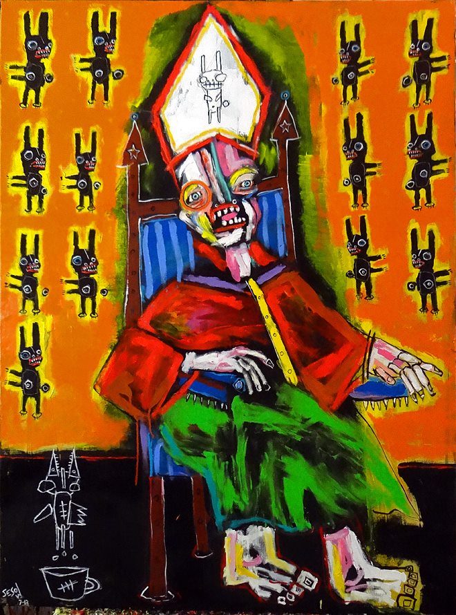 Pope, a painting of a pope on a throne surrounded by rabbits
