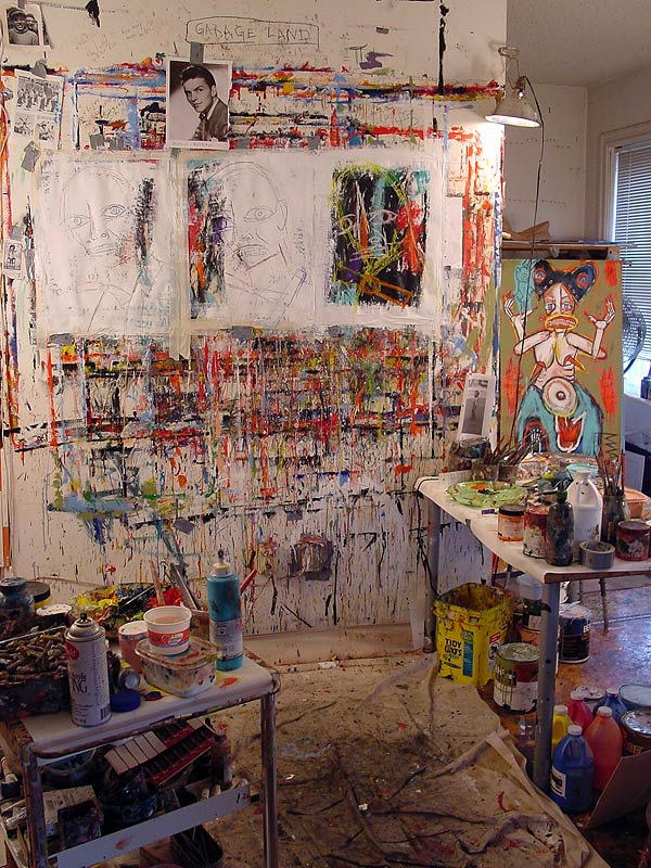 The painting wall, November 2006: drips, tape, works in progress.