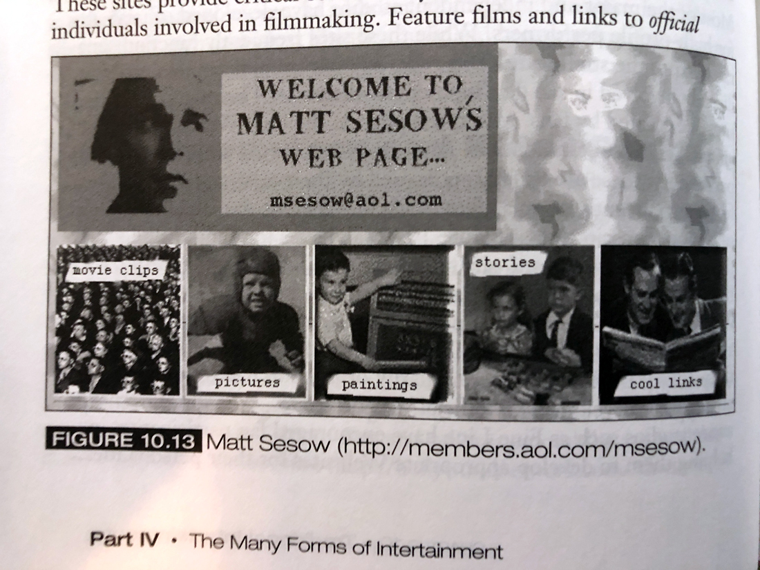 Figure 10.13 from Creating Internet Entertainment showing Matt Sesow's early webpage at members.aol.com/msesow, featuring movie clips, pictures, paintings, stories, and cool links