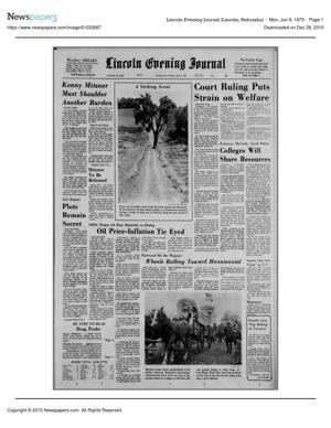 Lincoln Evening Journal, June 9, 1975, front page (Newspapers.com image 61033087), page 1