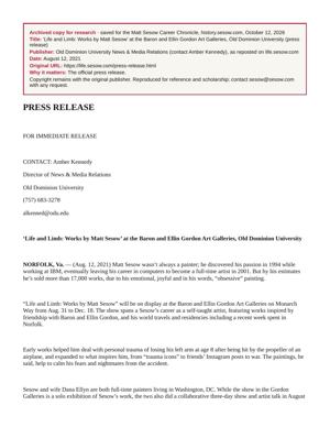 'Life and Limb: Works by Matt Sesow' at the Baron and Ellin Gordon Art Galleries, Old Dominion University (press, page 1