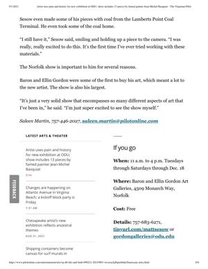 Saleen Martin, “Artist uses pain and history for new exhibition at ODU; show includes 13 pieces by famed painter Jean-Michel Basquiat,” The Virginian-Pilot, September 1, 2021, page 6